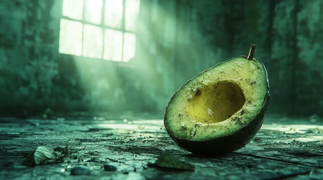Halved avocado, light streaks, aged room.