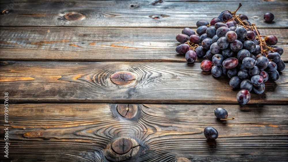Poster rustic wooden tabletop with a cluster of dark grapes