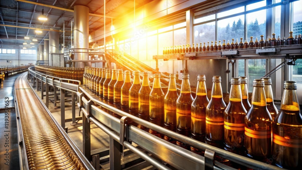 Poster bottles on a conveyor belt moving through a modernized factory during golden hour