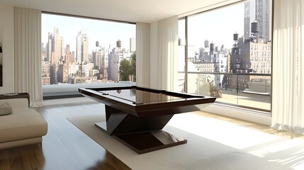 Modern pool table, city view apartment, luxury game room, leisure
