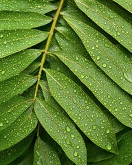 Lush green leaves adorned with water droplets, showcasing nature's beauty and freshness.