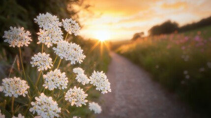 Obraz premium White flowers bloom along a path as the sun sets, creating a serene and picturesque landscape.