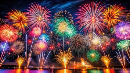 Captivating Fireworks Splashes in Low Light Photography - Stunning Night Sky Displays, Colorful Explosions, and Vibrant Patterns for Celebrations and Events