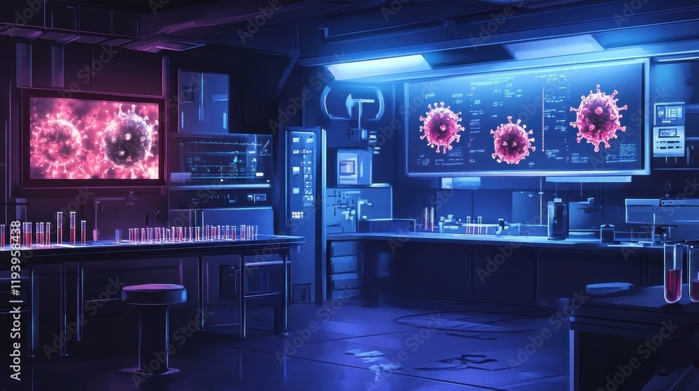 Fototapete modern laboratory equipped with test tubes and glowing monitors displaying virus imagery during a re