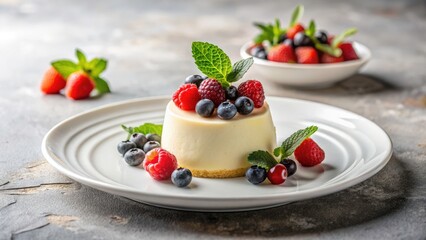 Minimalist Creamy Dessert with Fresh Berries and Mint Leaves, Elegant Presentation for Food Photography, Delicious Treats, Modern Culinary Art, Sweet Indulgence, Simple Aesthetic