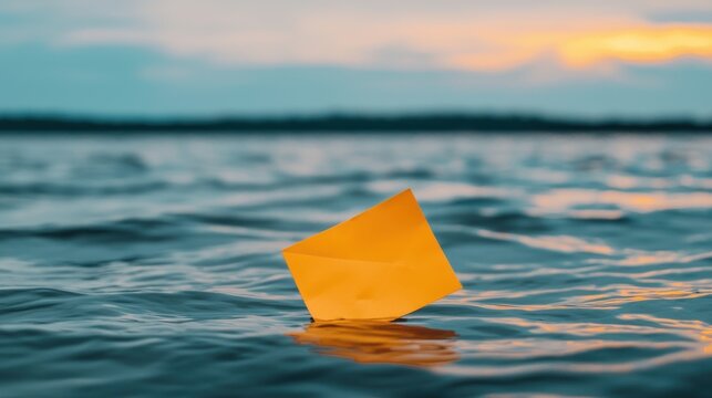 A yellow sticky note floats on calm water during sunset, reflecting serene colors.