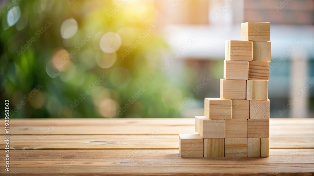 Poster Wooden blocks arranged as ascending steps on a table against a blurred natural background