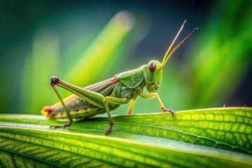 Minimalist Grasshopper on Green Leaf Photography - Nature Macro Insect Closeup
