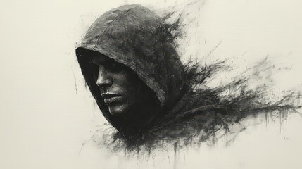 Hooded figure portrait in monochrome, abstract style.