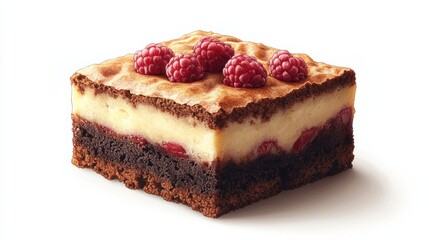 Delicious Layered Brownie Dessert with Creamy Cheesecake and Fresh Raspberries on Top, Perfect for Sweet Tooth Lovers and Special Occasions