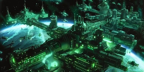 A futuristic space station with green lights, ships, and advanced structures orbiting a planet.