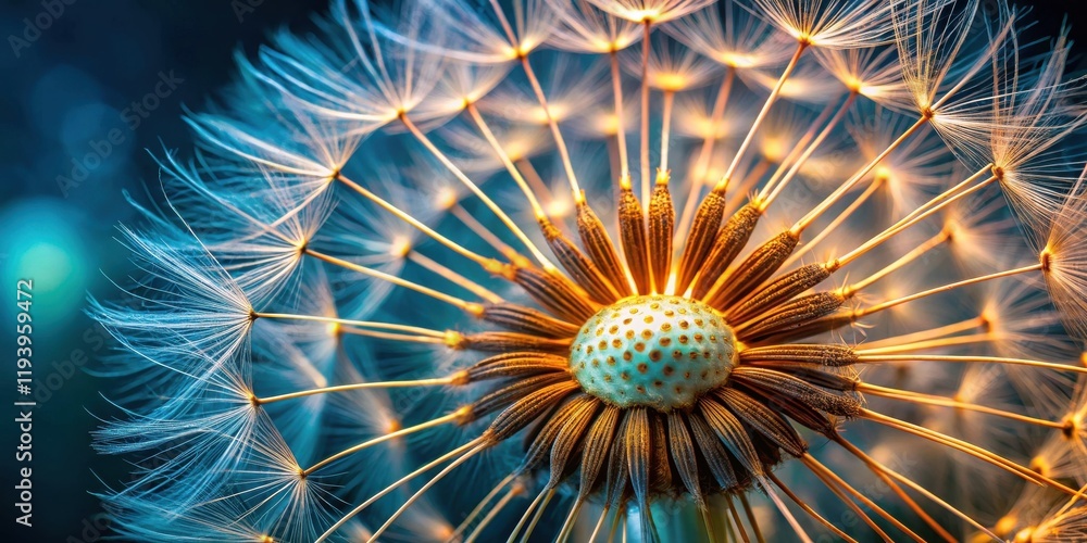 Poster Close-up view of a dandelion seed head, showcasing the intricate details of its delicate structure and warm, golden hues against a cool blue backdrop.