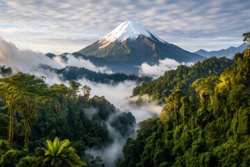 A picturesque scene of a snow-capped volcano surrounded by a forest, with mist rising from the base