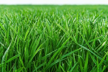 Obraz premium Lush green grass with dew drops, representing freshness and nature's beauty.