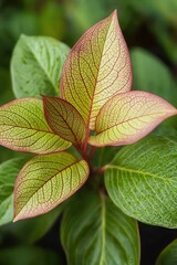 Fototapeta premium Vibrant green and pink leaves with intricate textures and patterns, showcasing natural beauty.