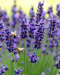 Fototapeta premium Vibrant lavender flowers with bees pollinating in a serene garden setting.