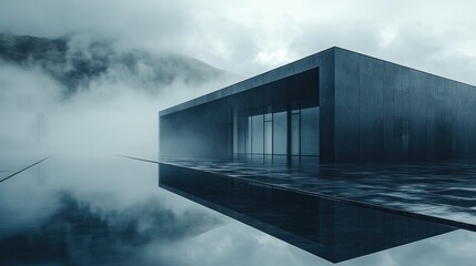 Fototapeta premium Modern architectural structure amidst foggy landscape.