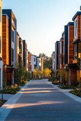 Obraz premium Sunlit Modern Townhouses Suburban Street at Golden Hour