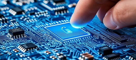 Data Security, Cybersecurity Concept. Finger Activating Digital Padlock on Blue Circuit Board