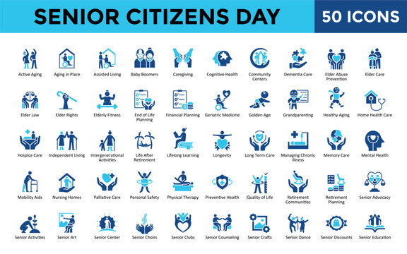 Senior Citizens Day icons set with active aging, aging in place, assisted living, baby boomers, caregiving, cognitive health, community centers, dementia care icon. Simple flat vector 
