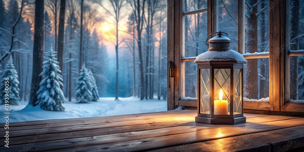 Poster winter sunset view through a snow-covered window with a lit lantern on a wooden surface