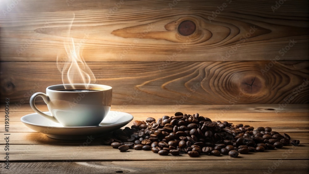 Poster aromatic coffee steaming in a white cup, accompanied by a generous pile of roasted coffee beans on a