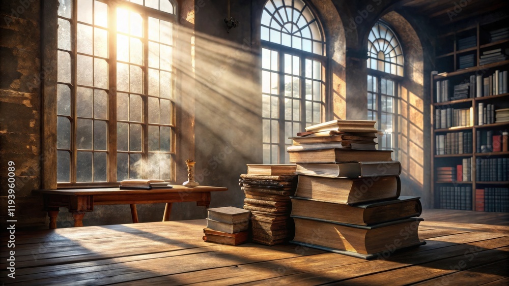 Poster sunlit study stacks of ancient books on a wooden table in a room with large windows and bookshelves