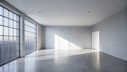 Obraz premium Sunlit Empty Room with Polished Concrete Floor and Large Windows