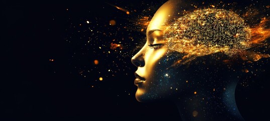 Golden Mind Abstract Portrait of Artificial Intelligence with Digital Brain and Light Streaks
