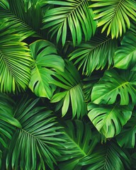 Lush green tropical leaves create a vibrant, textured background full of life.