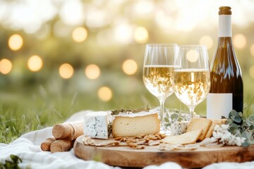 A romantic vineyard picnic setup with a blanket, wine glasses, cheese, and a bottle of wine under a shady tree