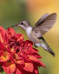 A hummingbird hovering over a vibrant red flower in a colorful garden setting.