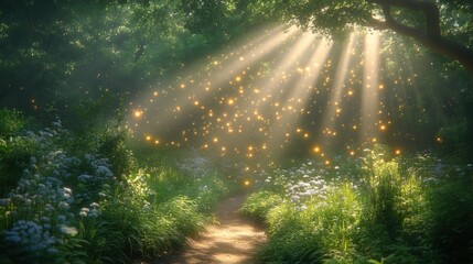 Magical forest path, sun rays, fireflies, fantasy background, for fairytale illustration