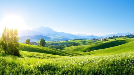 Fototapeta premium Green Hills and Blue Sky