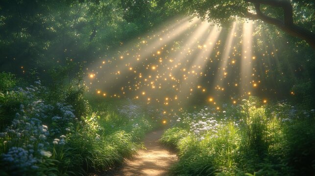 Magical forest path, sun rays, fireflies, fantasy background, for fairytale illustration