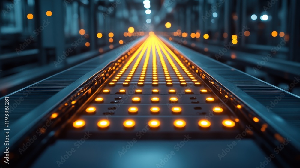 Poster illuminated conveyor belt system in modern industrial facility showcasing high-tech automation and e