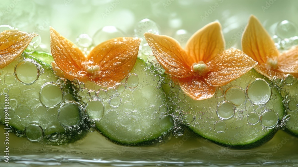 Poster fresh cucumber slices adorned with delicate orange flowers create a captivating visual experience, s