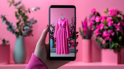 Woman views pink dress on phone screen; pink floral background; online shopping