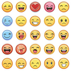 Happy emojis expressing various emotions like joy, love, and sadness. This collection showcases range of facial expressions, perfect for conveying feelings in digital communication