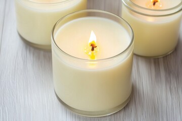 Three lit candles in glass holders on a wooden surface create a cozy atmosphere.