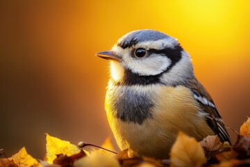Obraz premium A close-up of a blue tit bird perched among autumn leaves, illuminated by warm sunlight.