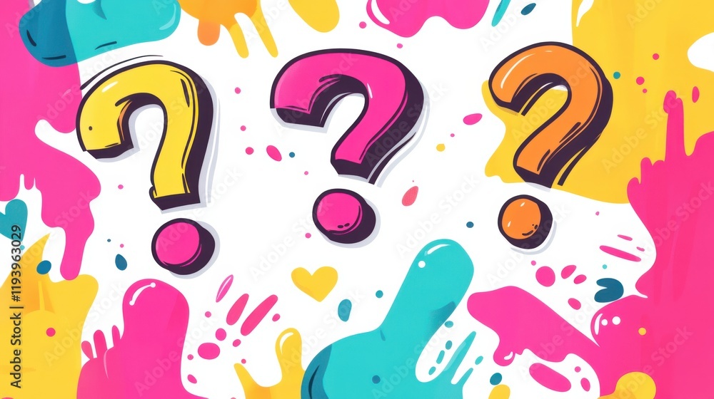 Aufkleber colorful background with question marks in bright paint splashes creating a fun and playful atmosphe