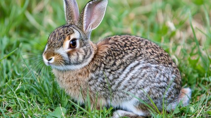 Fototapeta premium A cute rabbit sitting on green grass, showcasing its soft fur and alert ears.