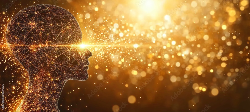 Poster digital silhouette of a human head glowing with a neural network on a celestial abstract