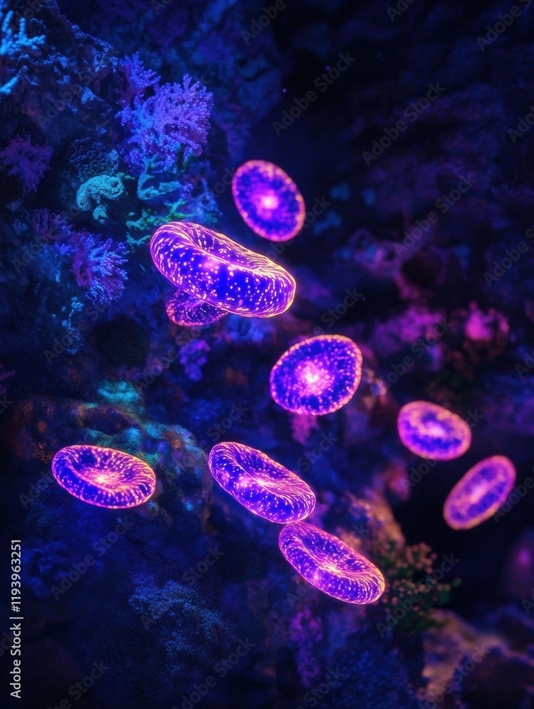 Poster glowing bacteria illuminated by uv light create a stunning display in a dark underwater environment.