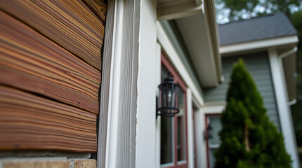 Close-up of Modern House Exterior with Wood Siding and Brick Accents