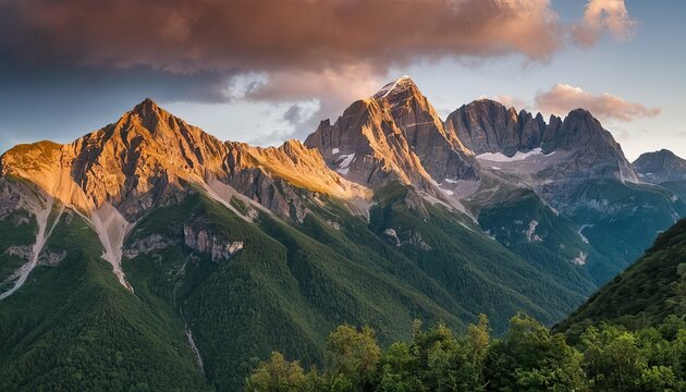 Wide angle panoramic view of the mountain peaks covered with snow SS7