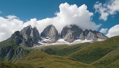 Obraz premium Wide angle panoramic view of the mountain peaks covered with snow SS2