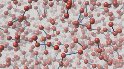 Molecular network of rods and sphere. Complex web of interconnected atomic structures, molecules, nodes linking/unlinking. 3d render illustration.
