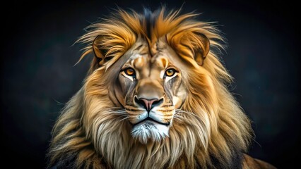 Fototapeta premium Stunning Panoramic Portrait of a Majestic Lion Gazing Intently at the Camera Against a Dark Background, Capturing the Essence of Wildlife and Nature Photography